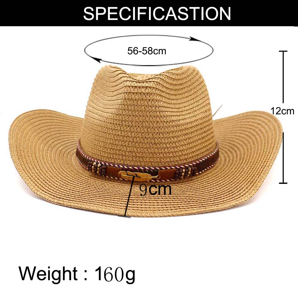 Western cowboy hat For Women Men Straw Hat With Alloy Feather Beads summer Beach Cap Panama hat