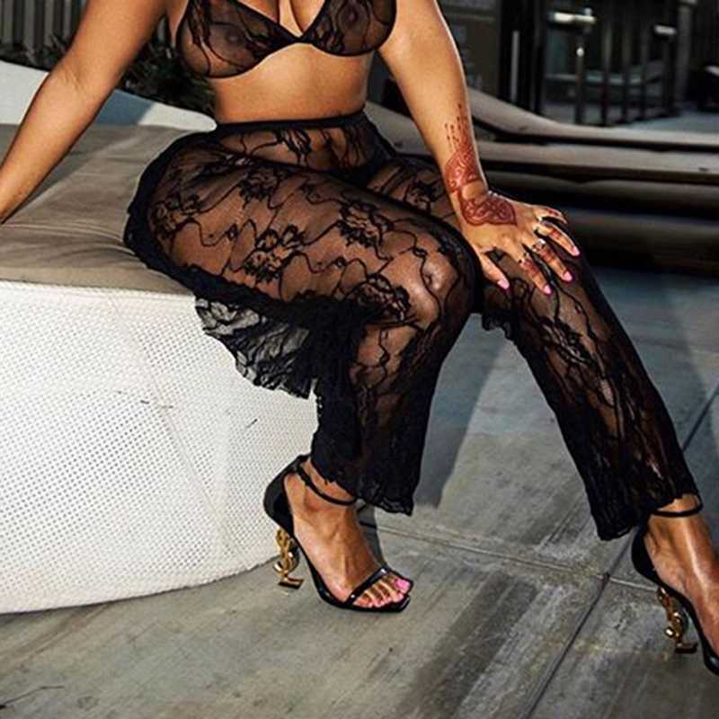 Summer Lady Beach Pants Arrival Mesh Sheer Patchwork Ruffle High Waist Lace Transparent Fashion Sexy Long Wide Leg Pant 211115