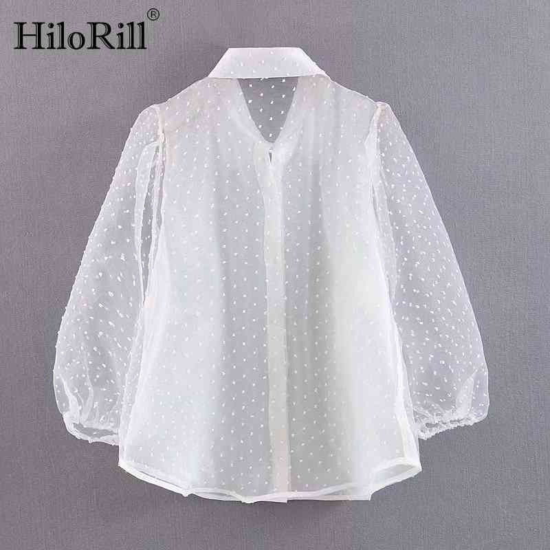 Dots Embroidery Women Organza Blouse Lantren Sleeve Black See Through Chic Top Casual Turn Down Collar Shirt Blusa 210508