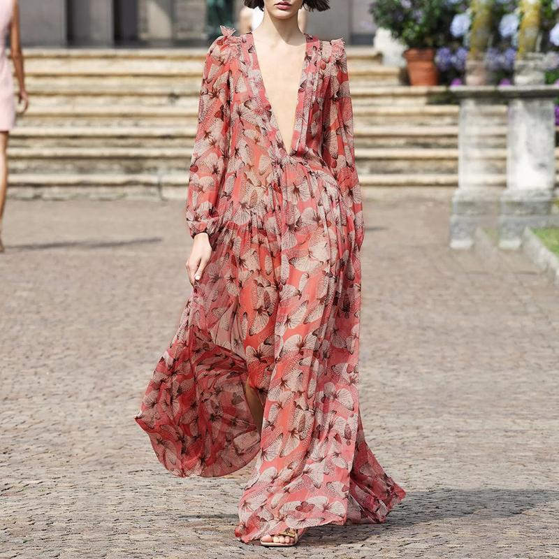 Casual Dresses Sexy Deep V-neck Long Sleeve Chiffon For Women Spring Autumn Vintage Pink Floral Printed Maxi Dress Female AAA Discount for in-store pu