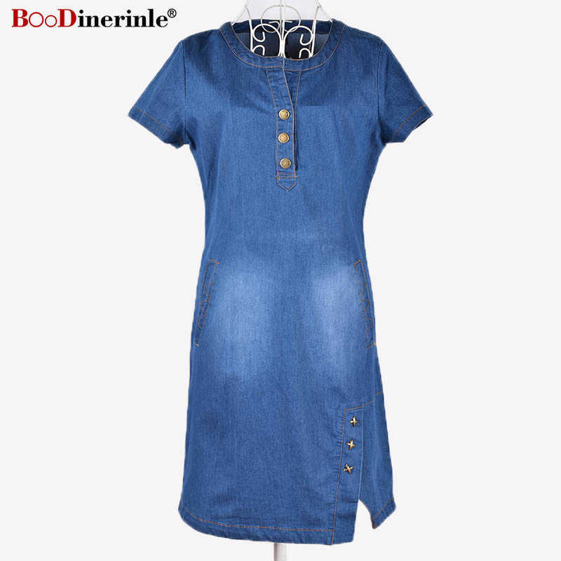 Korean Plus Size Denim Dress For Women Summer Dress Casual With Button Pocket Sexy Mini Jeans Dress 3xl 4XL BOodinerinle 210630