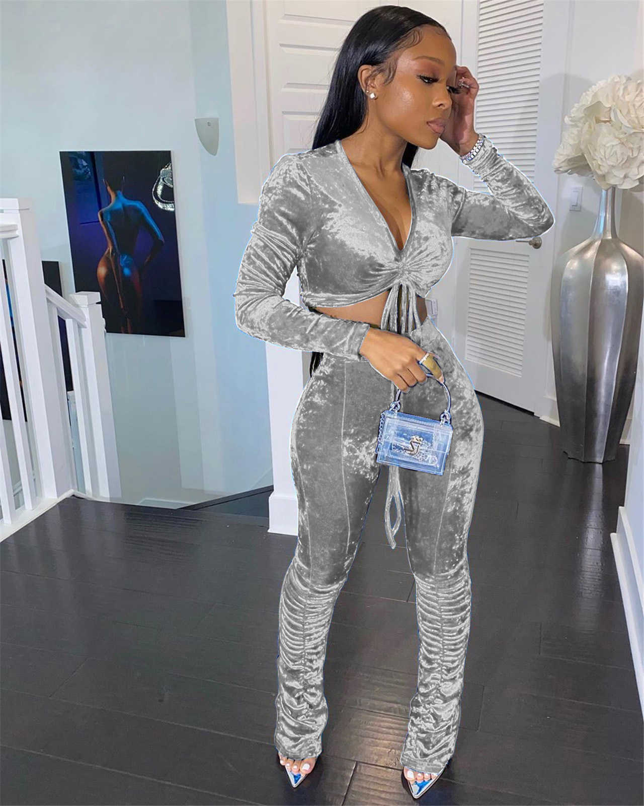 Designers Women Clothes pants 2023 autumn winter golden velvet Long Sleeve two-piece set