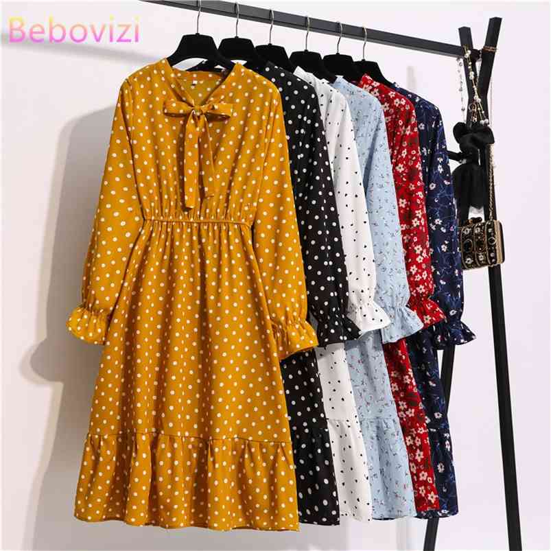 Women Casual Autumn Lady Korean Style Vintage Floral Chiffon Shirt Dress Long Sleeve Bow Midi Summer Woman 210623