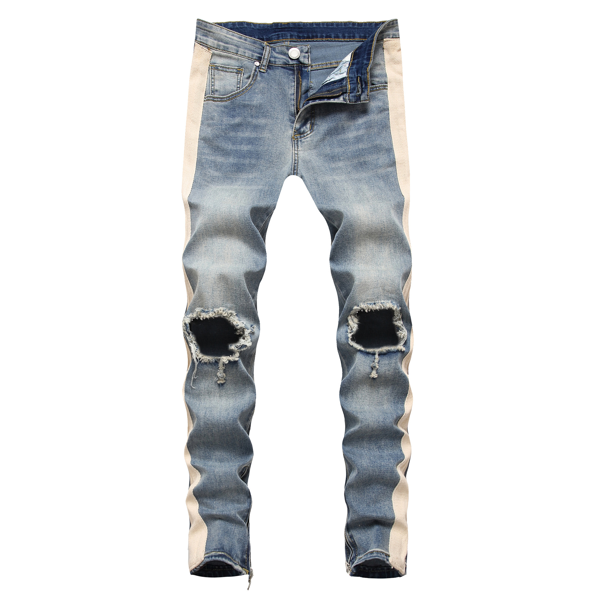Men's Jeans White stripe side knee big damage hole old slim side zipper small foot, Blue
Men's Jeans White stripe side knee big damage hole old slim side zipper small foot, Blue
