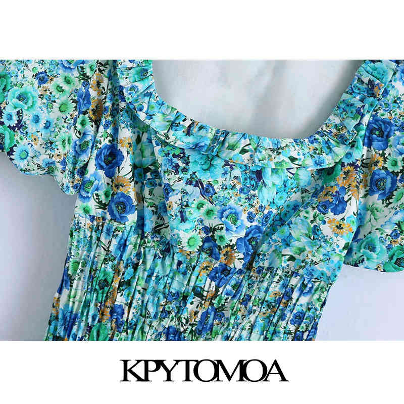 Women Chic Fashion Floral Print Ruffled Smocked Mini Dress Square Collar Short Sleeve Female Dresses Mujer 210420