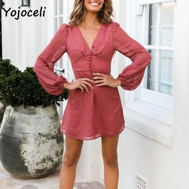Yojoceli sexy autumn long sleeve chiffon jacquard dres v neck mini female vestidos 210609