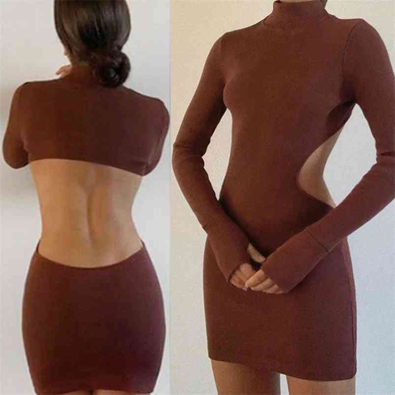 Sexy Backless Slim Women Dress Autumn Solid Turtleneck Package Hip Mini Femme Long Sleeve Knitted Tight Club Party es 210522