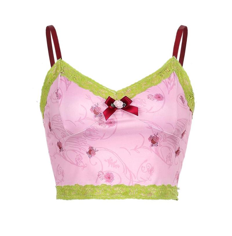 Women Sexy Camisole Adults Casual Butterfly Pattern V-neck Lace Trim Tank Top (Green) Women's Tanks & Camis