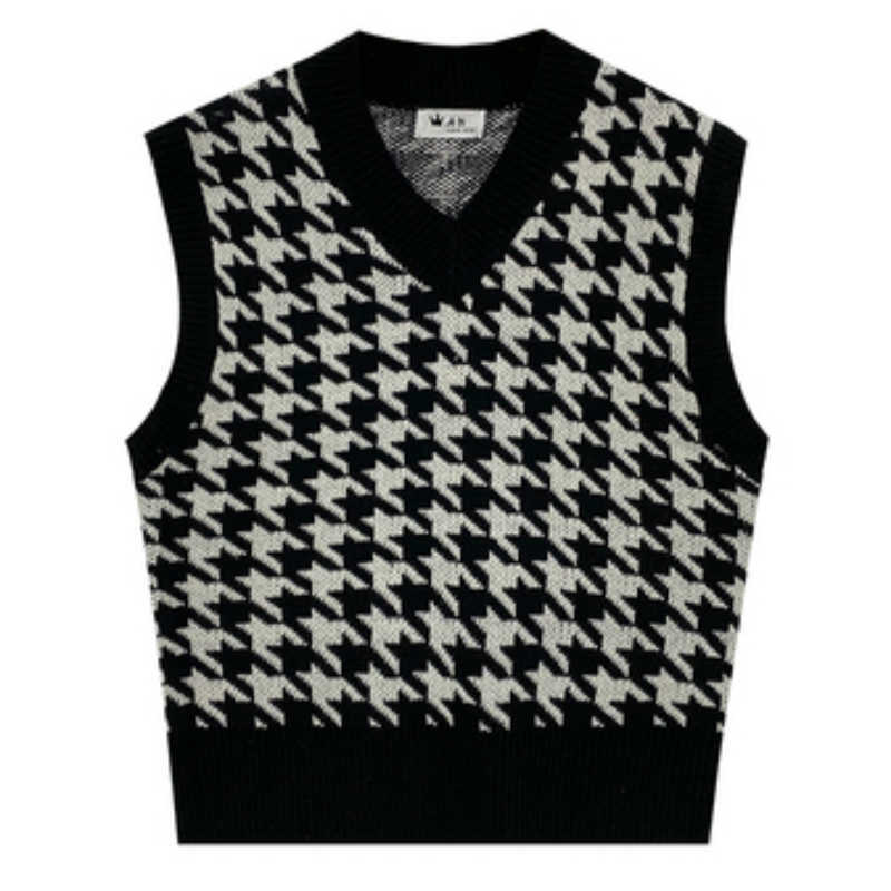 Houndstooth Vest Pullover Women's Knitted Autumn and Winter Loose Korean Outdoor Sweater Waistcoat 210908