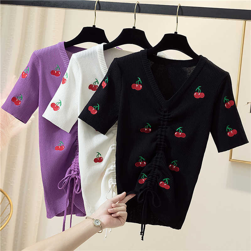 Cherry embroidery v-neck short-sleeved sweater bottoming shirt women's t-shirt loose thin solid color pullover spring summer 210604, Purple
Cherry embroidery v-neck short-sleeved sweater bottoming shirt women's t-shirt loose thin solid color pullover spring summer 210604, Purple