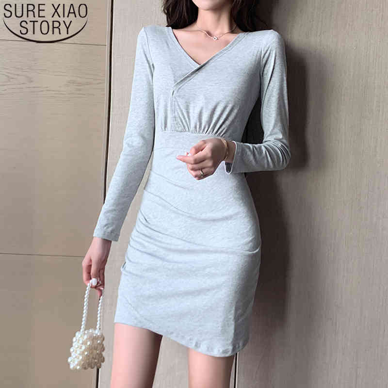 Elegant Long Sleeve Mini Dress French Fashion Pleated Autumn V-neck Cotton es for Women Vestidos Mujer 11905 210506