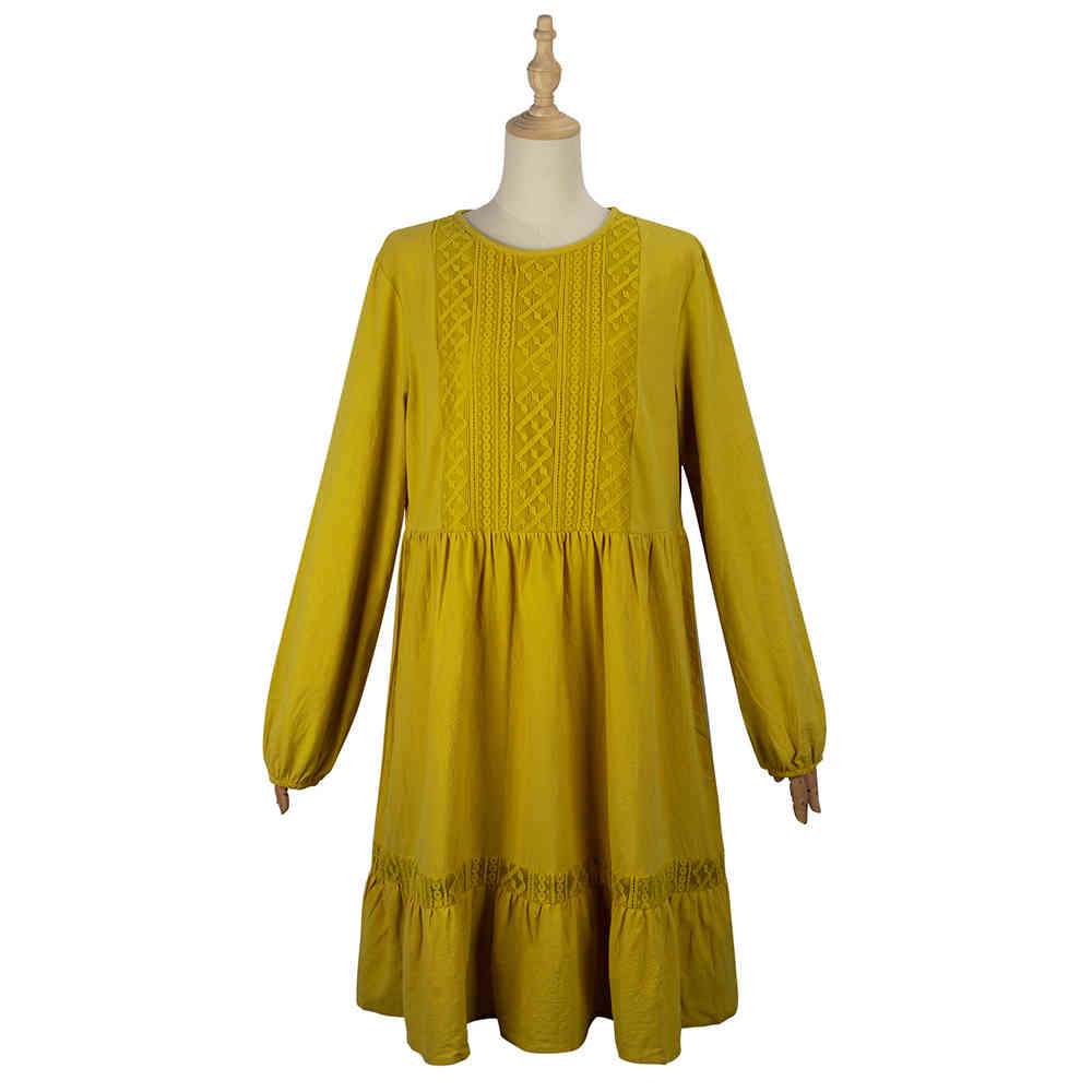 Woman Dress Autumn Winter Casual Lace Stitching Yellow Long Sleeve Loose Vintage Dresses For Women Clothes Ladies 210409