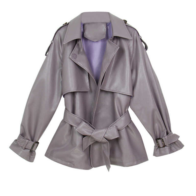 FTLZZ Autumn Women Loose Pu Faux Soft Leather Jacket Turndown Collar Motorcycle Black Coat Female Streetwear Outerwear With Belt 210908