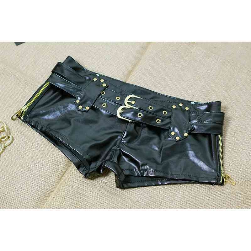 Sexy Women Shiny Faux Leather Shorts Double Sashes Low Rise Waist Micro MINI Shorts With Zipper Open Exotic Culb Wear F33 210611