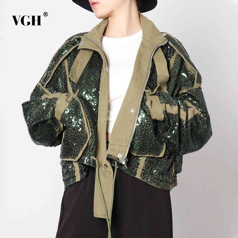 VGH Splicing Sequined Jacket For Women Turtleneck Long Sleeve Streetwear Casual Jackets Female Fashion New Clothing Style 210421