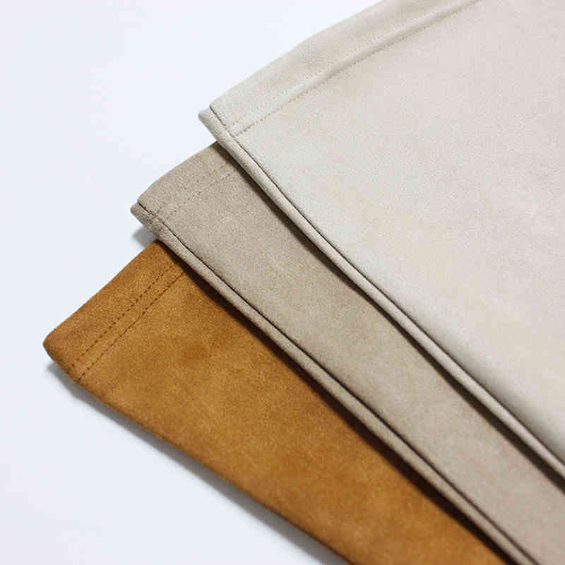 Women's High Waist Suede Skirt Pencil Knee Length Leather Suede Skirts Women Vintage Midi Brown Skirt Khaki Winter Office Wear 210421