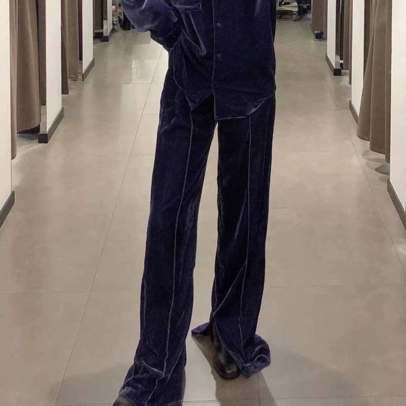 Women Side Slit Velvet Straight Pants Casual Lady Simple Loose Trousers P1951 210430