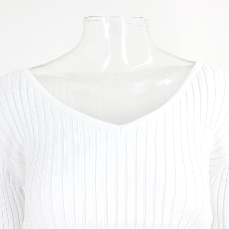 Fuedage White 2 Piece Set Women Knitted Suit Crop Top Mini Dress Long Sleeve Two V Neck Female Matching Outfits