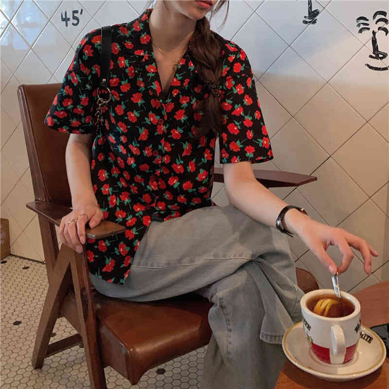 korean style Floral short sleeve blouse women Notched Collar Chiffon blouses loose summer tops (K8130) 210423