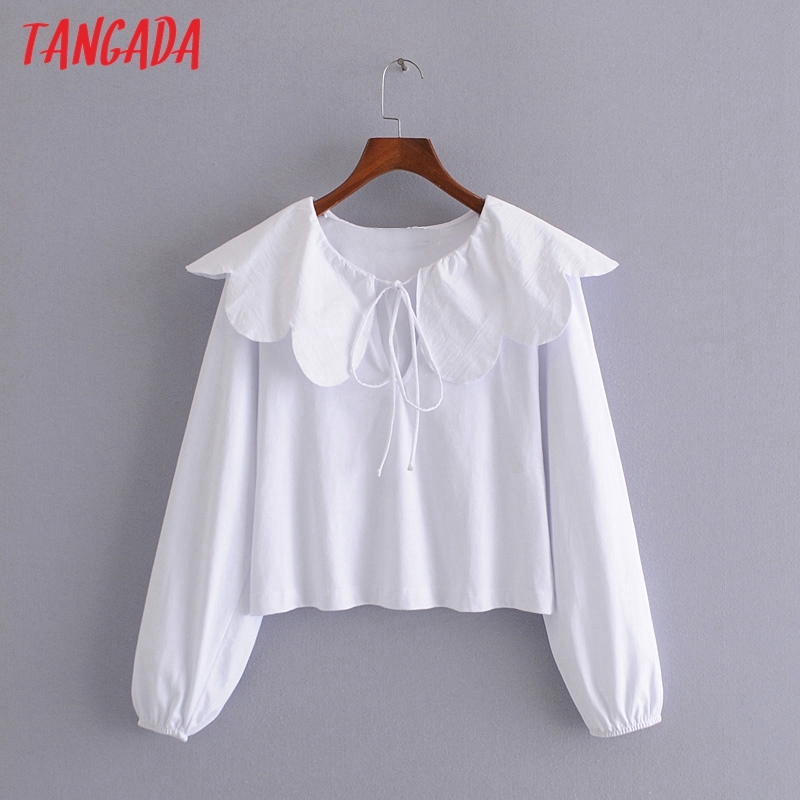 Women Retro White Oversize Collar Long Sleeve Chic Female Short Blouse Shirt Tops 3H86 210416