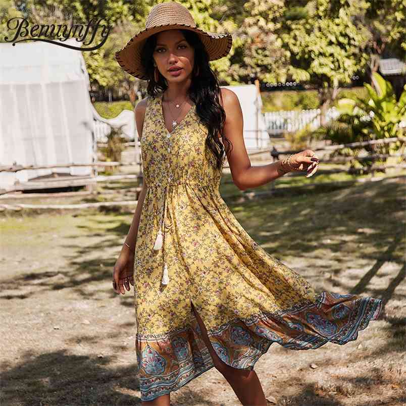 V-neck Button Front Tassel Drawstring High Waist Floral Print Bohemian Dresses Summer Holiday Style Women Long Dress 210510