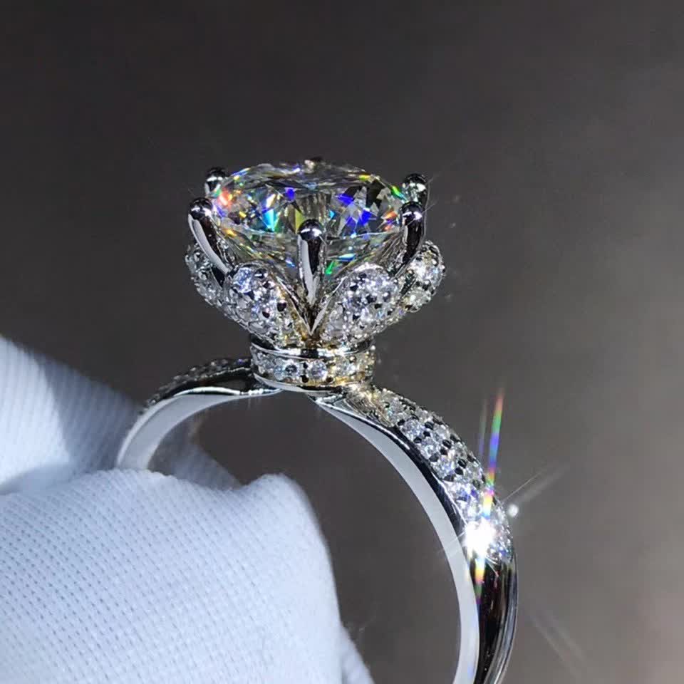 Sterling Sier & Rose Gold Flower Engagement Ring with CZ Dias - Eternity Band for Women Free shipping