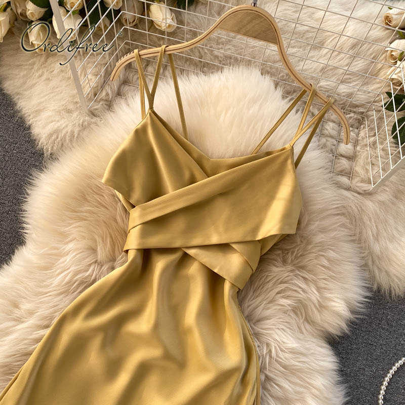 Ordifree Summer Women Satin Slip Dress Backless Spaghetti Strap Bow Tunic Belted Elegant Vacation Sexy Party Midi Dress 210630