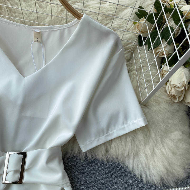 Women's Shirt White Black Short Sleeve V-neck Summer Blouse Korean Fashion Belted Casual Work Office Wear Tops 210603