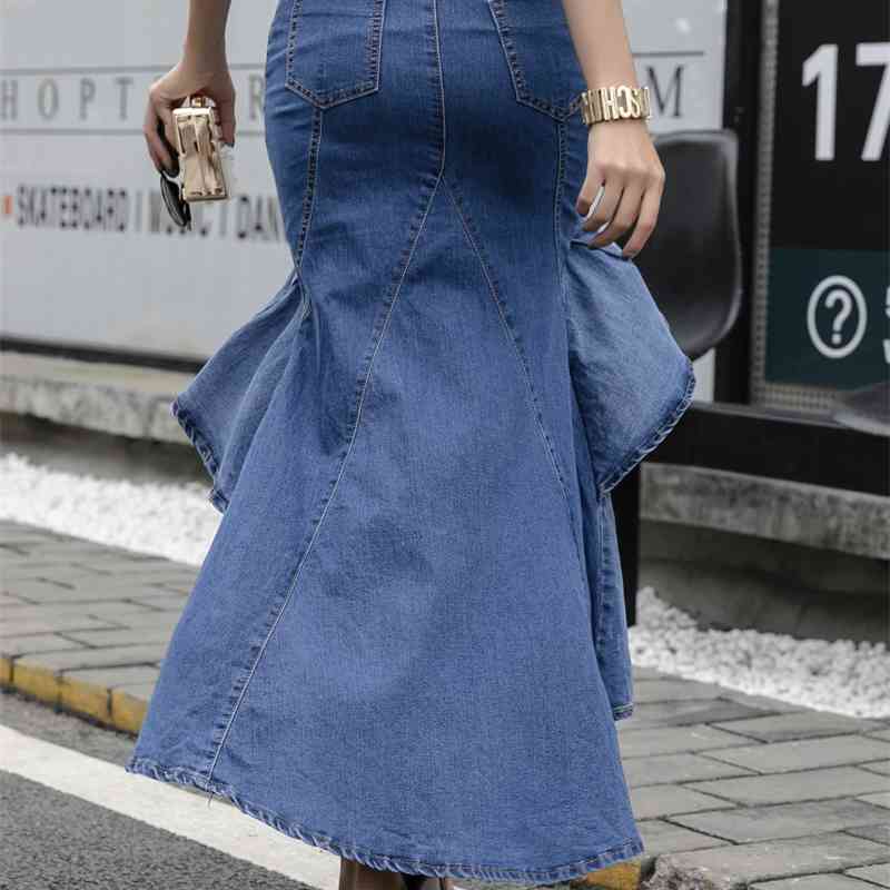 Vintage Ruffle Summer Skirt Women Korean Fashion High Waist Gradient Asymmetry Jeans Skirts Ladies Denim Mermaid 210520