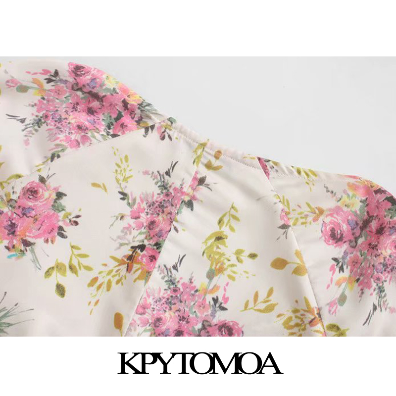 Women Chic Fashion Floral Print Midi Dress Drawstring Three Quarter Sleeve Slit Female Dresses Vestidos 210420