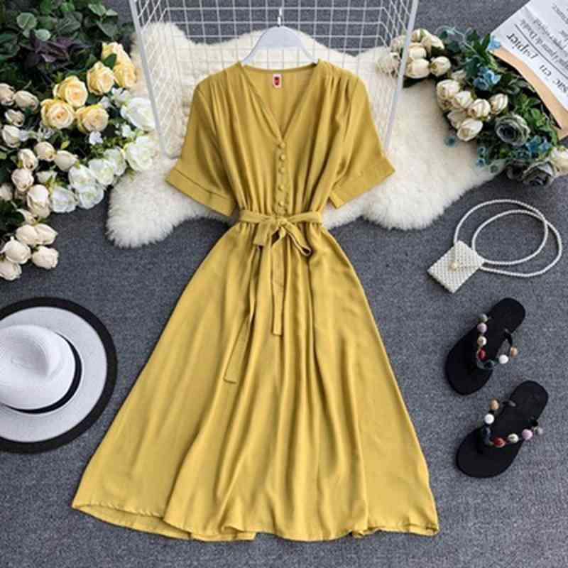 Fashion Ladies Spring Summer Button Bandage Short Sleeve High Waist Solid Casual V Neck Female Chic Dress 210520, Yellow
Fashion Ladies Spring Summer Button Bandage Short Sleeve High Waist Solid Casual V Neck Female Chic Dress 210520, Yellow