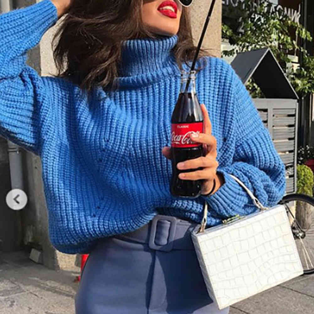 Women Blue Oversized Sweater Autumn Winter Long sleeve Turtleneck Knitted Casual Loose Pullover Jumpers 210428