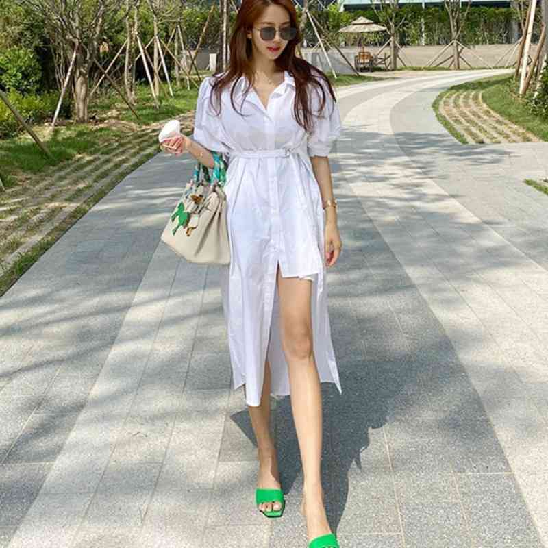 Korean Summer Fashion Shirt Dress female Vintage Irregular Sashes Elegant Women Casual White 210519