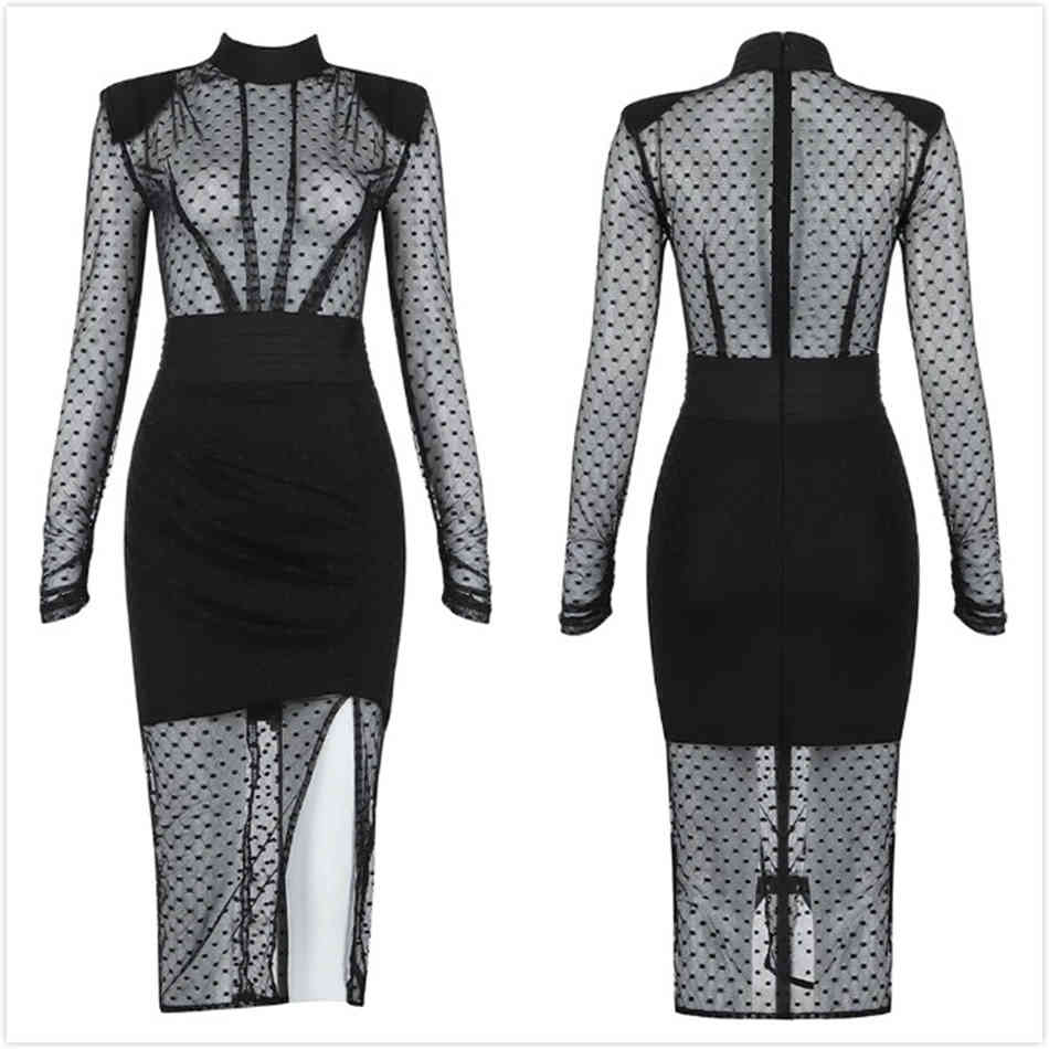 Free Polka Dot Lace Bandage Dress Sexy Stand Collar Long Sleeve Perspective Bodycon Split Club Party Vestido 210524