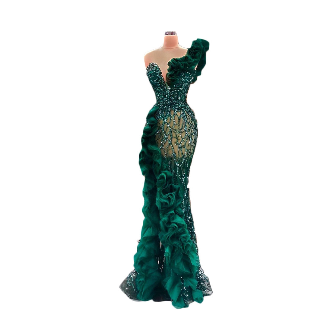 Luxury Beading Mermaid Prom Dresses Sparkly Green One Shoulder Tiered Skirts Evening Gowns Side Split Crystal Party Club Wear Outfit