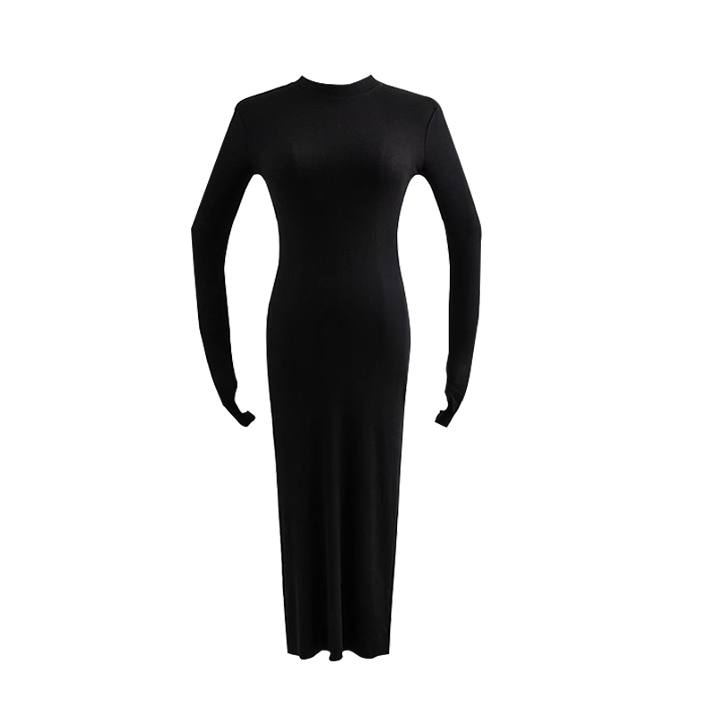 WOMENGAGA Elasticity Skinny Slim Sexy Split Dress Full Sleeve Hip-wrapped Mid-Calf Solid Color Sheath Long Dressees V7OR 210603