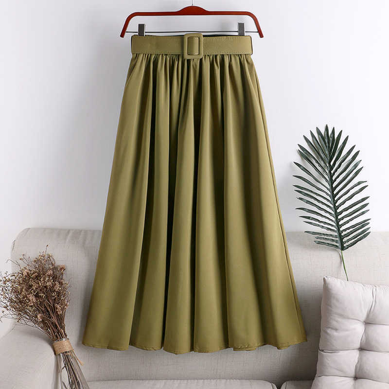 Surmiitro Midi Skirt Women With Belt For Spring Summer Ladies Korean Red Green Black Blue High Waist Long Female 210706