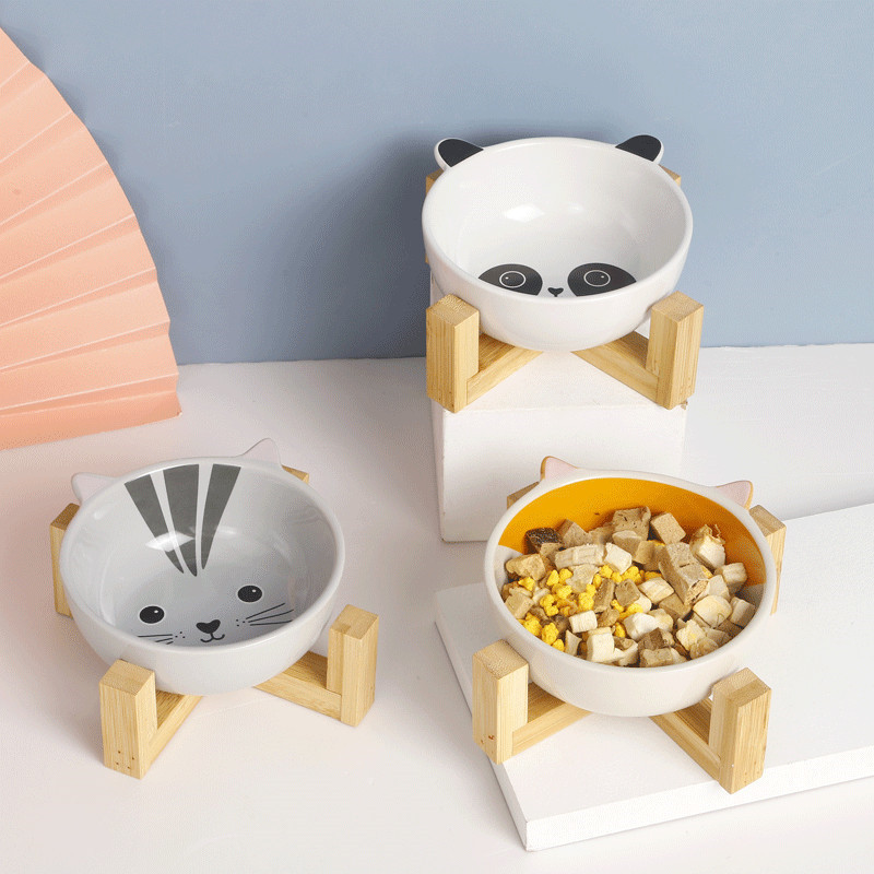 Cute Animal Pets Bowl Dog Cat Food Water Feeder Puppy Ceramic Drinking Dish Bowl with Wooden Rack Pet Cat Accessory