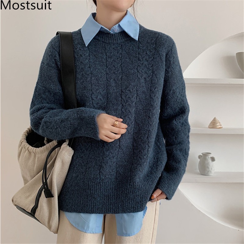 Twisted Knitted Women Sweater Pullover Full Sleeve O-neck Loose Solid Tops Korean Fashion Ladies Jumpers Femme 210514