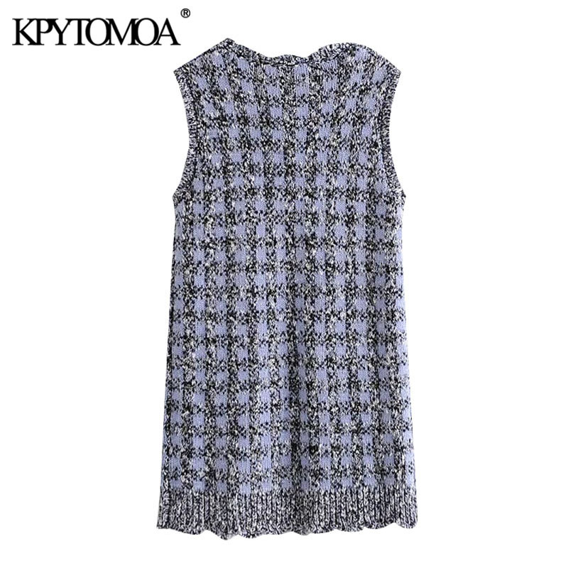 Women Sweet Fashion Bejewelled Buttons Plaid Knitted Mini Dress O Neck Sleeveless Female Dresses Mujer 210420