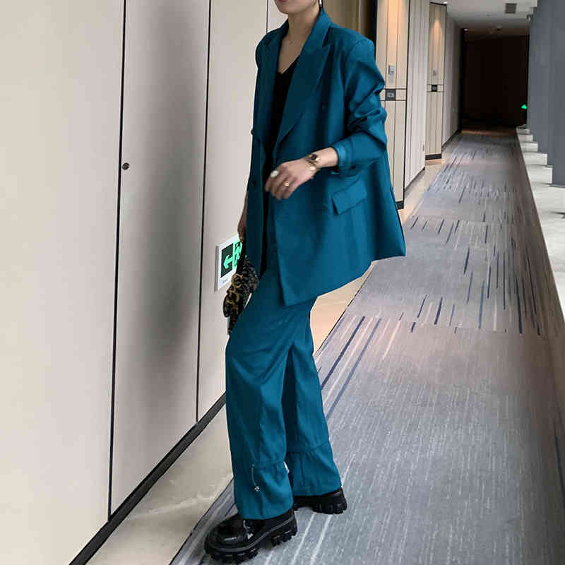 VGH Minimalist Sets For Female Notched Long Sleeve Blazer Wide Leg Loose Pants Casual Solid Two Piece Set Women Autumn New Tide 210421