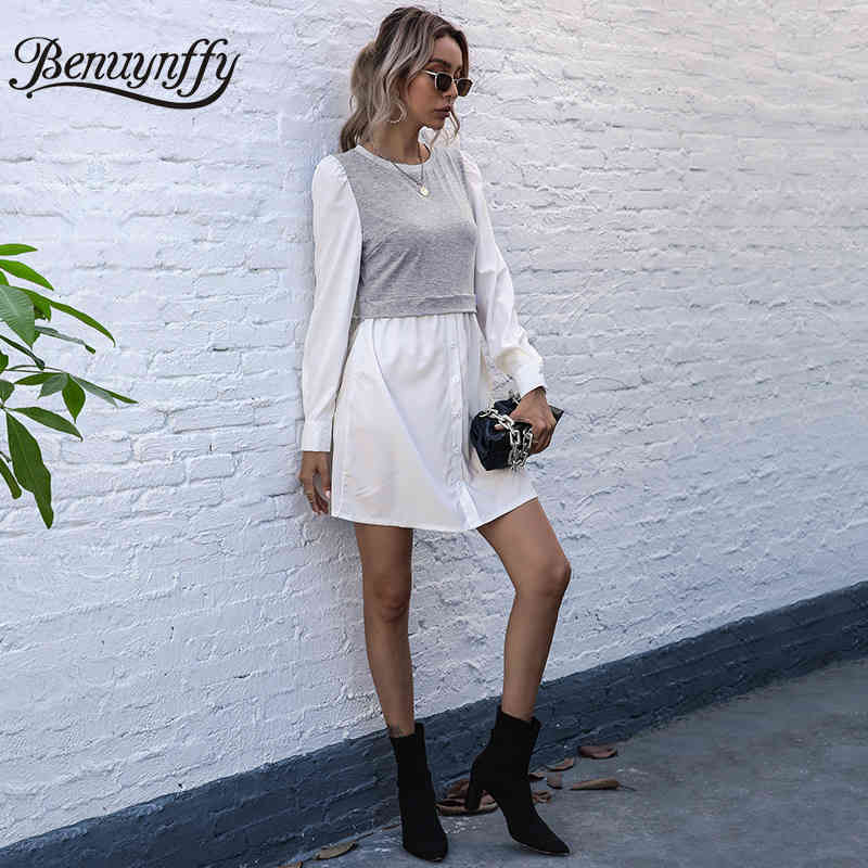 O-Neck Color Block Button Front Shirt Dress Women Spring Fashion Long Sleeve High Waist Female Short A-line 210510