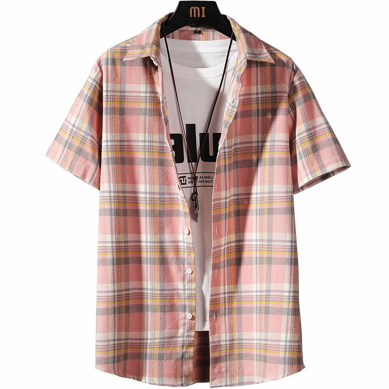 Harajuku Fashion Mens Plaid Shirts Short Sleeve Cotton Striped Male Streetwear Summer Tops Dress Chemise Homme Plus Size Men's Casual