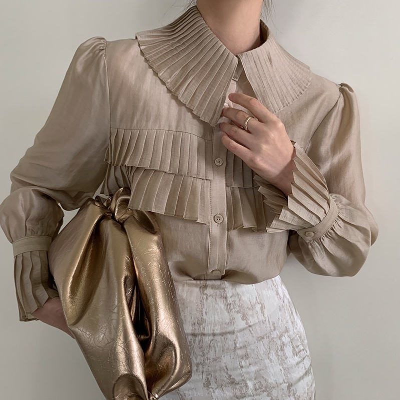 Women Shirts Korean OL Lantern Sleeve Elegant Blouse Solid Ruffle Pleated See Through Blusas Mujer Fashion Tops 210519