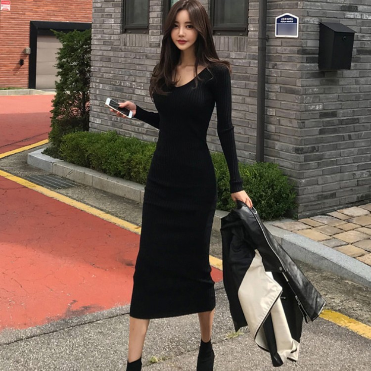 Women Autumn Winter Knitted Dress V Neck Sexy Slim Elastic Bodycon Long knit Warm Sweater es Vestidos 210519