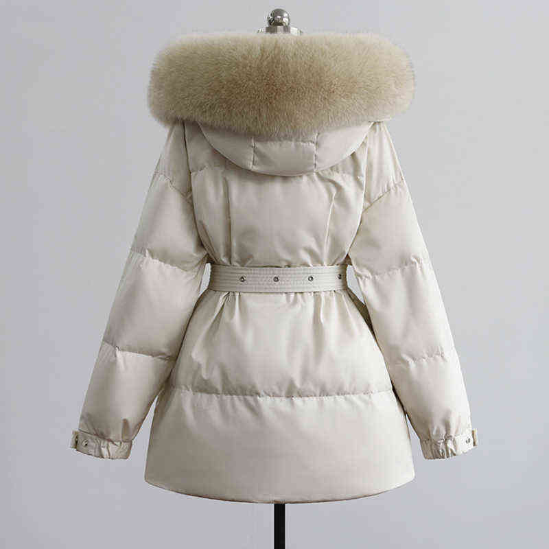 Fi Winter Large Natural Fur Collar Hooded Jacket Women with Belt Thickness Snow Warm Parkas 90% White Duck Down Loose Coat 211221wtt