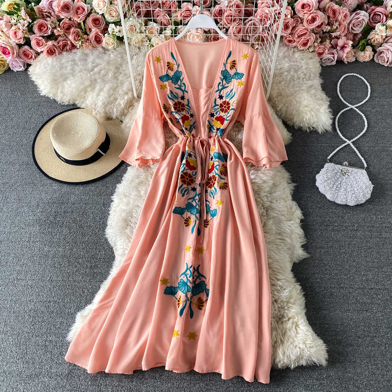LY VAREY LIN Spring Summer Women V-neck Embroidery Midi Dresses Casual Flare Sleeve Bohemian Female 210526
