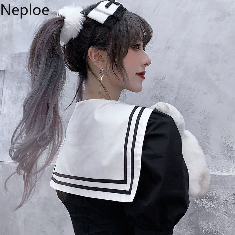 Neploe Dress for Women Summer New Robe Preppy Style Sailor Collar Slim Waist Vestidos Puff Sleeve Black Dresses Female 210422