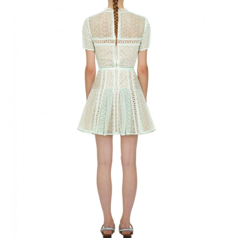 Arrival Summer Dress High Quality Self Portrait Runway Hollow Short Sleeve Mint Green Lace Vestidos 210520