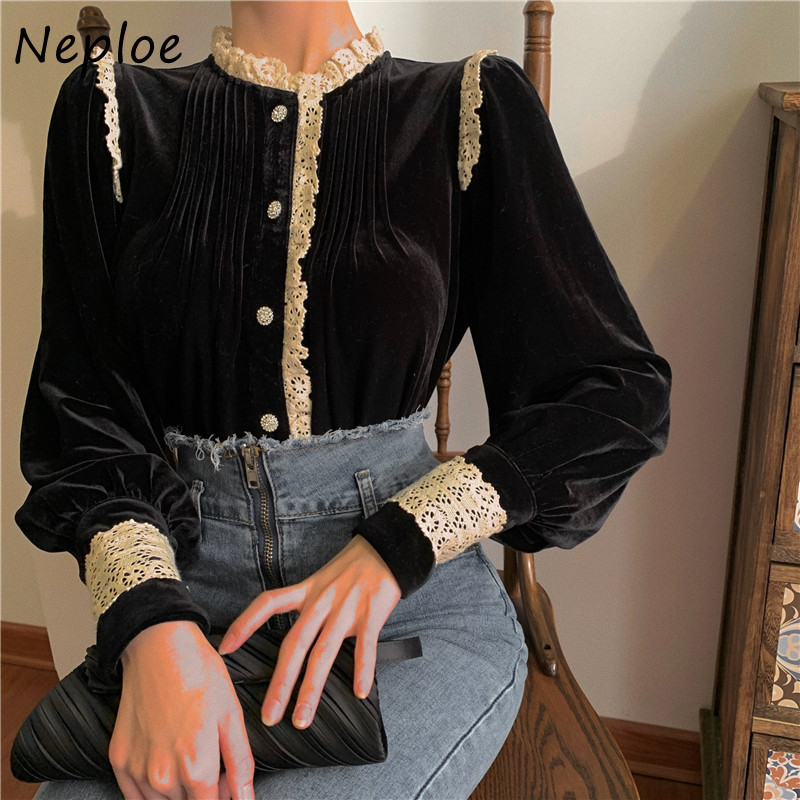 Elegant Lace Patchwork Velour Blouse Women Stand Collar Long Sleeve Single Breast Blusas Spring Shirt Feminino 210422